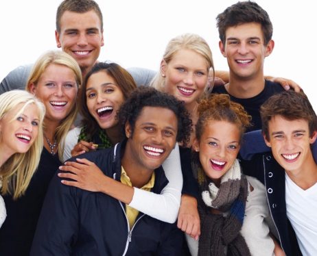 Group of happy friends against white background